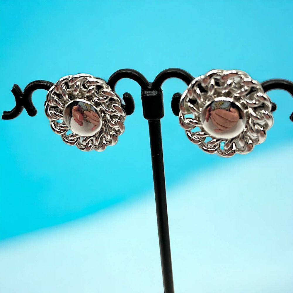 Oxidized Silver-Tone Mirror-Work Circular Chain Edges Stud Earrings!